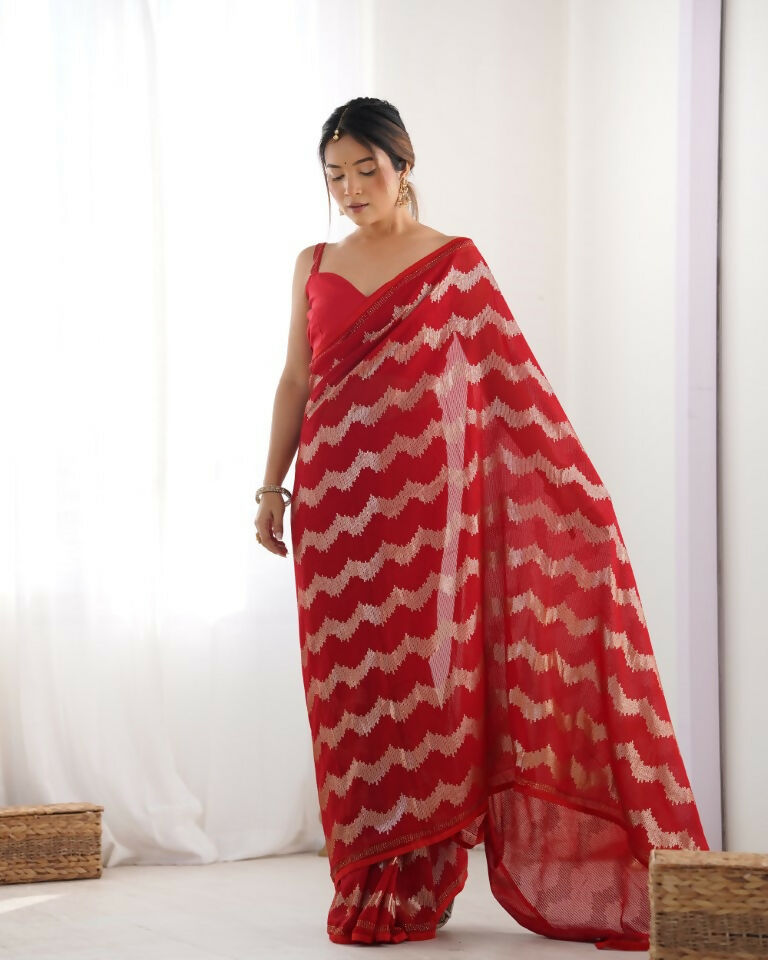 Red Georgette Sequance Embroidery Work Border Saree - Sitare | Grocsy