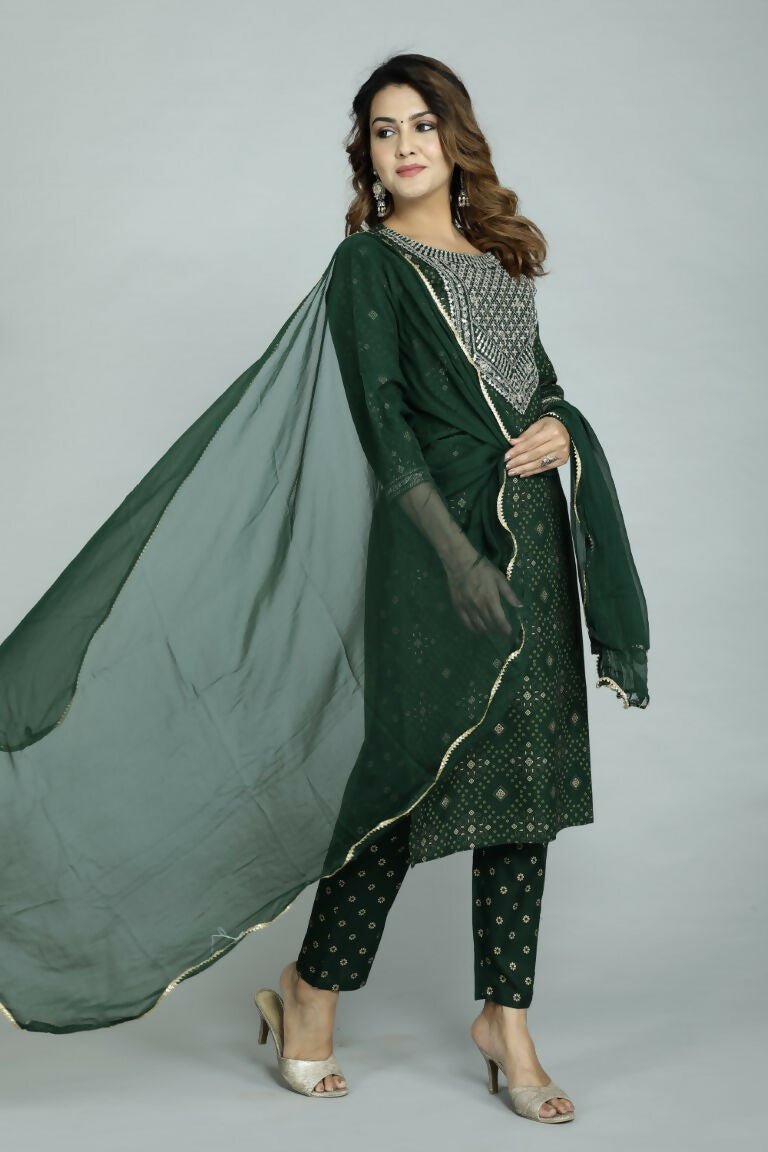 Alvano Women's Attractive And Stylish Rayon A Line Kurta With Pant And Dupatta | Grocsy