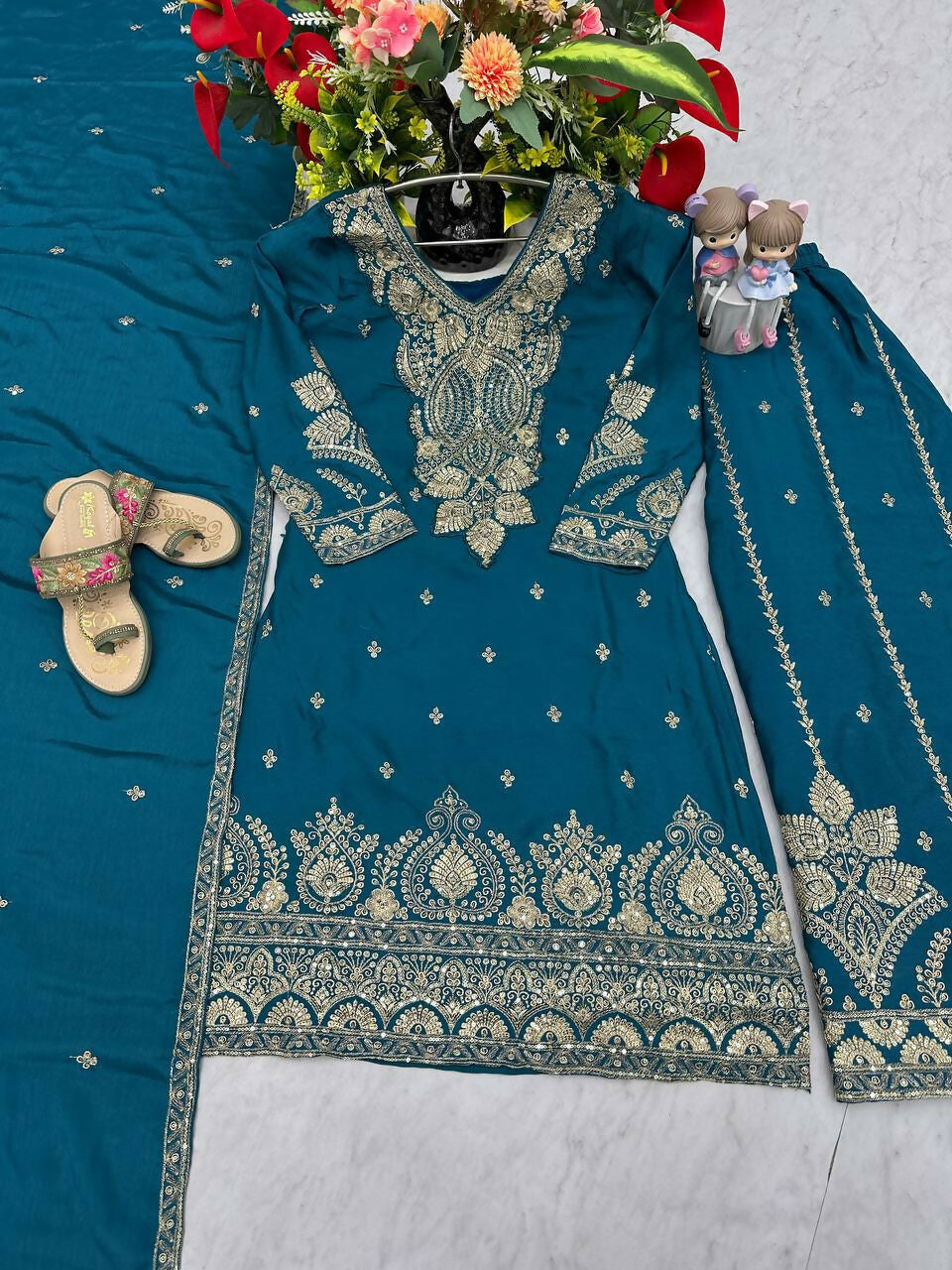 Teeya Creation Womens New Wedding Wear Heavy Embroidery Thread Work Teal Kurta Set | Grocsy