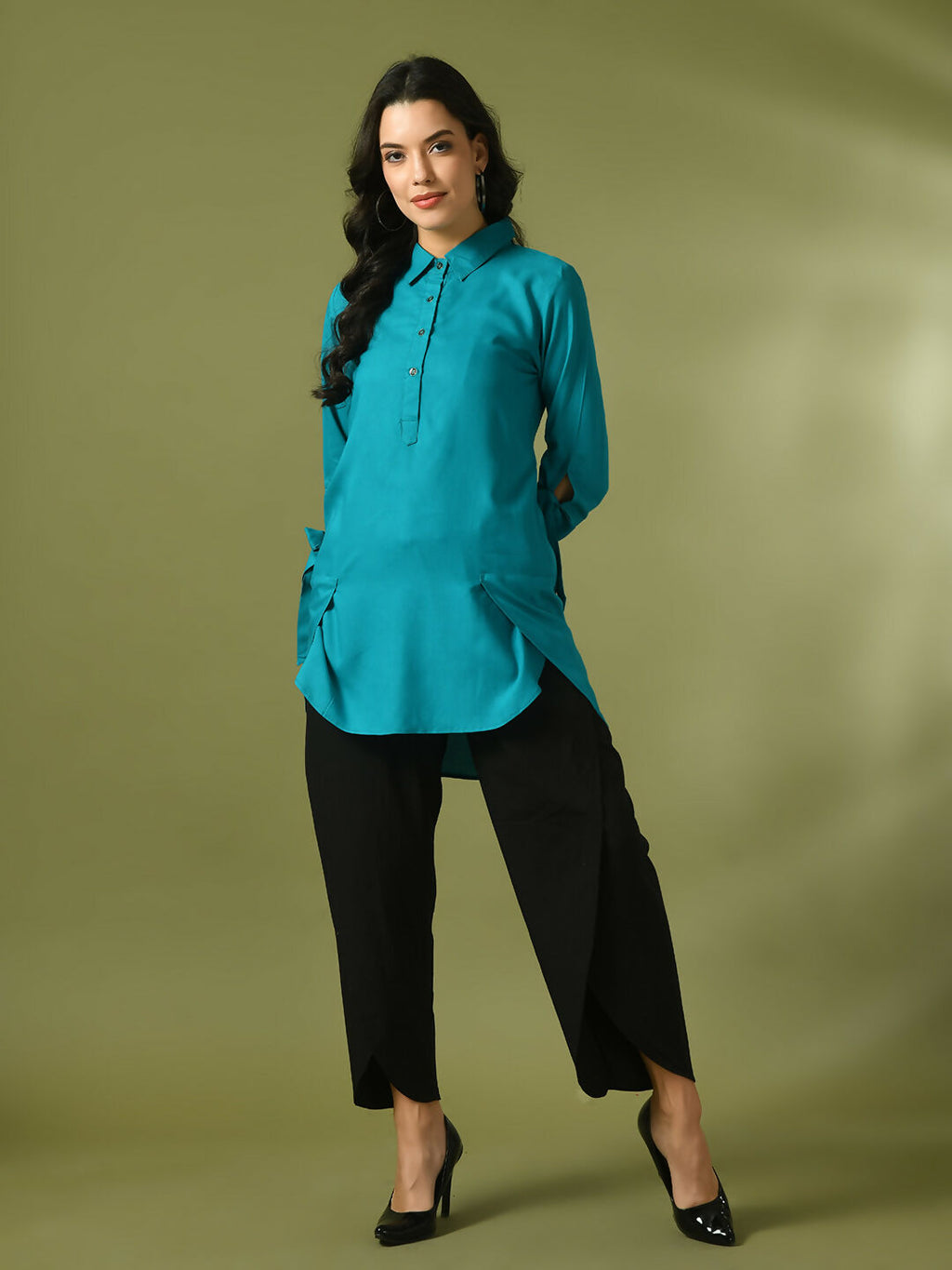 Myshka Women's Turquoise Blue Solid Cotton Longline Party Sheer Tunic | Grocsy