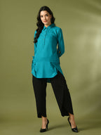 Myshka Women's Turquoise Blue Solid Cotton Longline Party Sheer Tunic | Grocsy