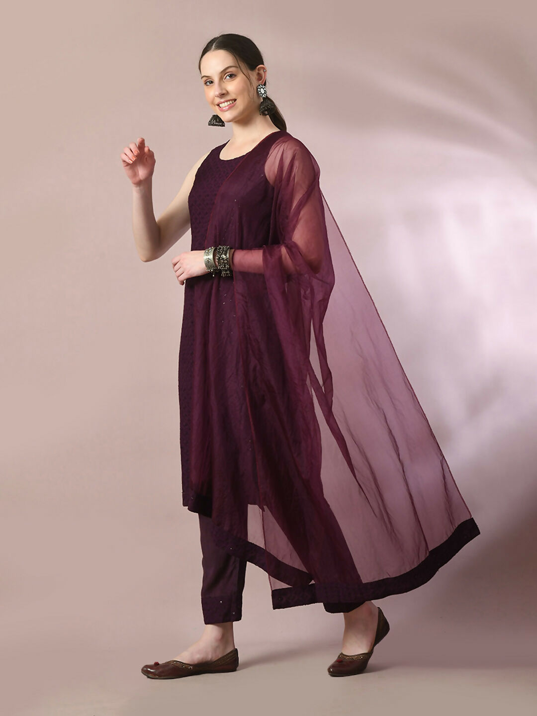 Myshka Women's Magenta Embroidered Cotton Straight Party Kurta Set With Dupatta | Grocsy