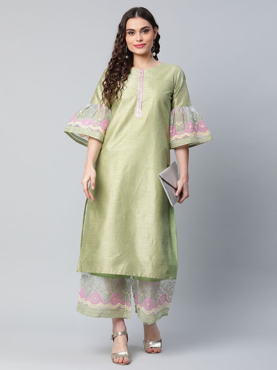 Ahalyaa Women's Light Green Poly Silk Gold Printed Kurta Palazzo Set | Grocsy