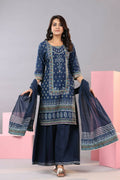 Juniper Women Indigo Cotton Cambric Printed Kurta, Palazzo and Dupatta Set | Grocsy