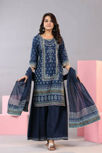 Juniper Women Indigo Cotton Cambric Printed Kurta, Palazzo and Dupatta Set | Grocsy
