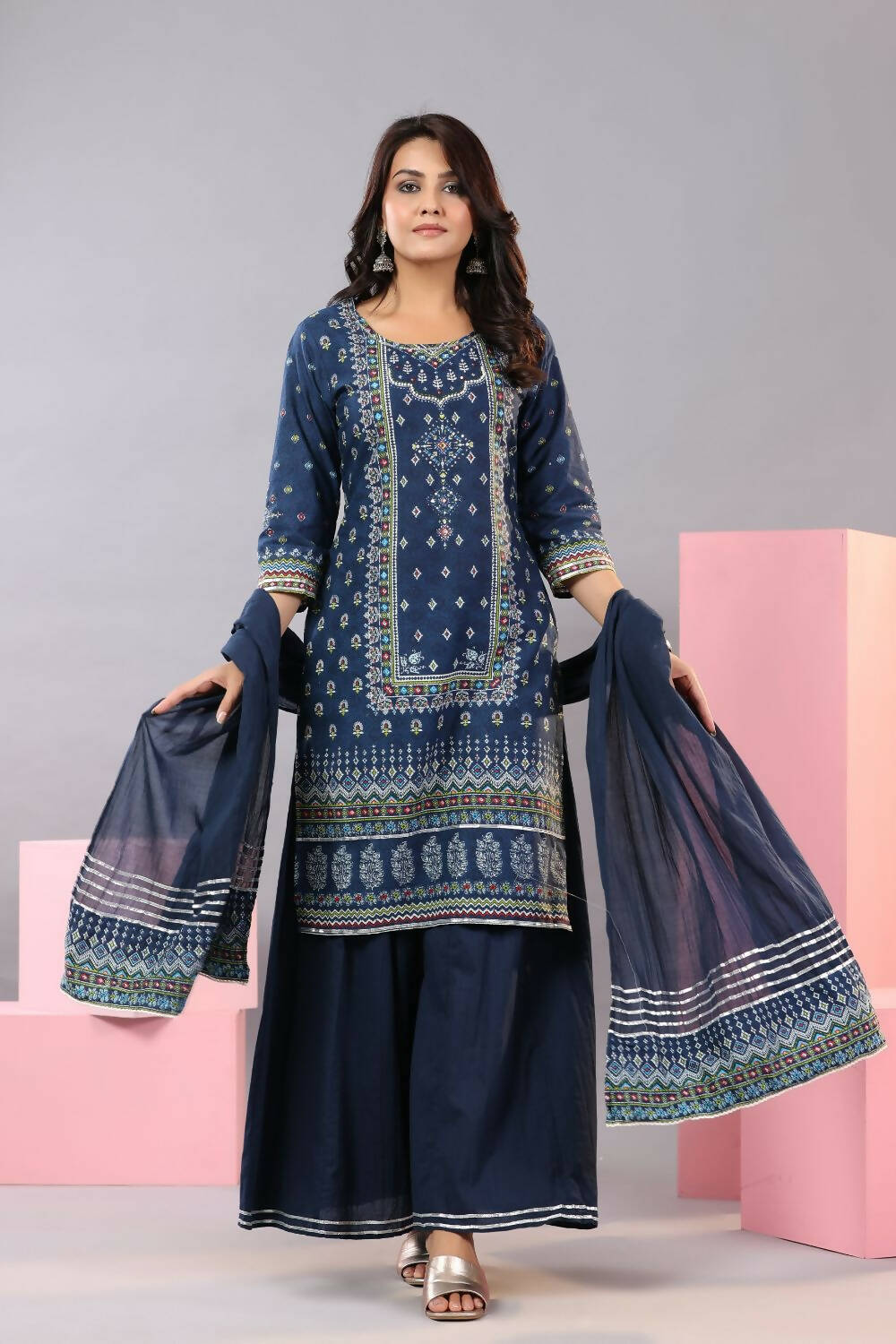 Juniper Women Indigo Cotton Cambric Printed Kurta, Palazzo and Dupatta Set | Grocsy