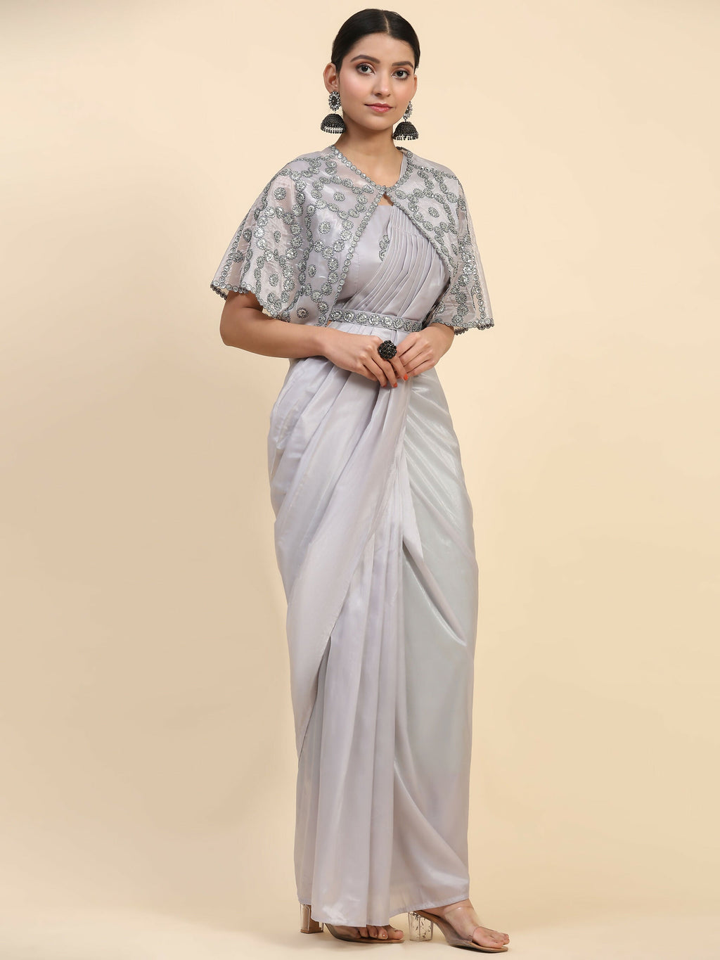 Grey Satin Solid Ready to wear Saree with stitched Blouse - Vanita | Grocsy