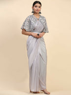 Grey Satin Solid Ready to wear Saree with stitched Blouse - Vanita | Grocsy
