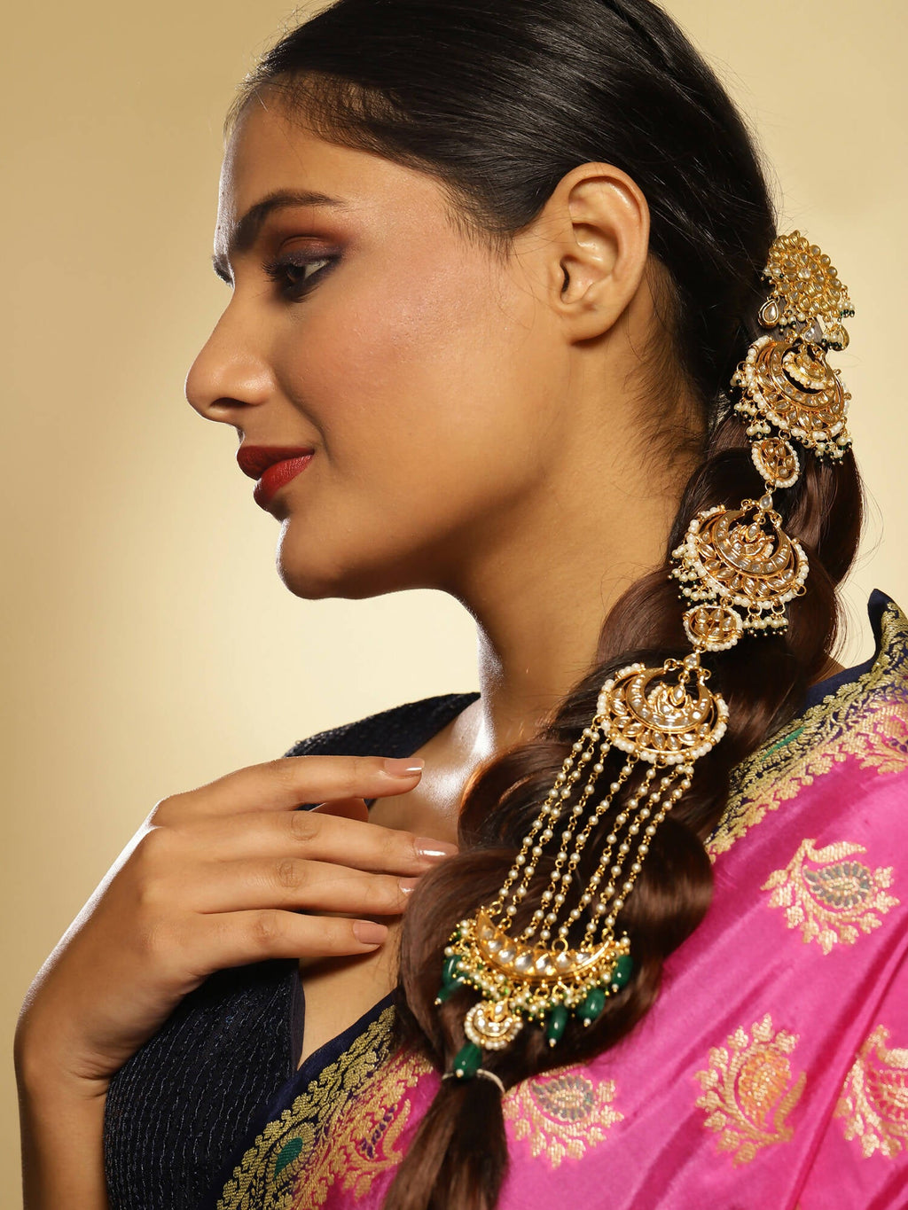 Gold-Polished Green Kundan Stone-Studded Head Chain - Ruby Raang | Grocsy