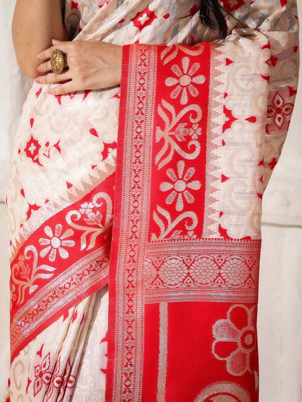 Shree Shyam Fashion Linen Cotton Red & White Saree | Grocsy