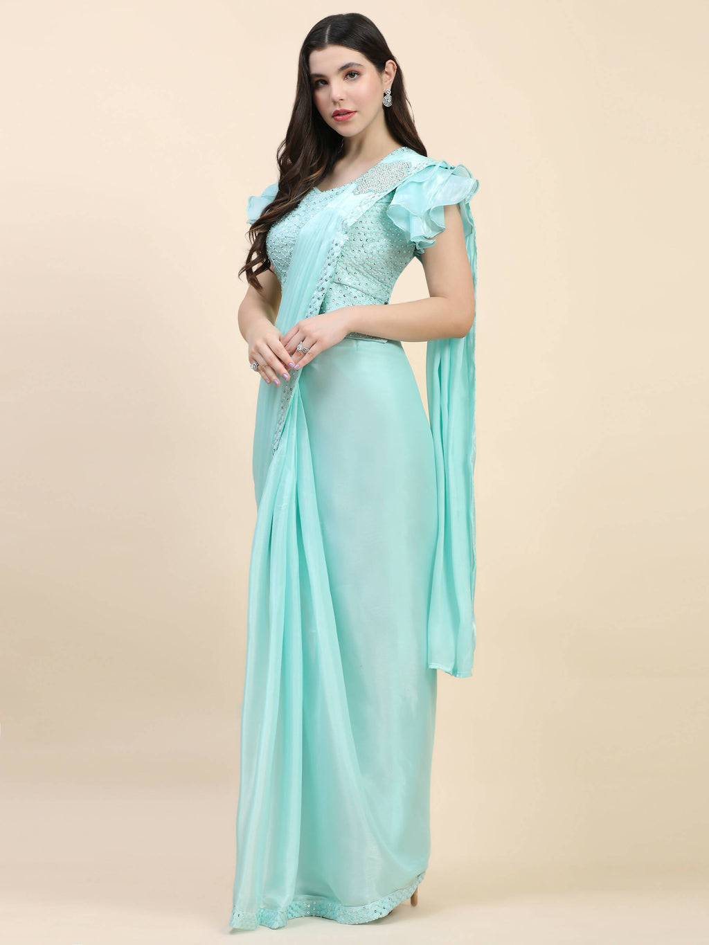 Light Blue Silk Satin Sequence Work Ready to Wear Saree with stitched Blouse - Nirvana | Grocsy