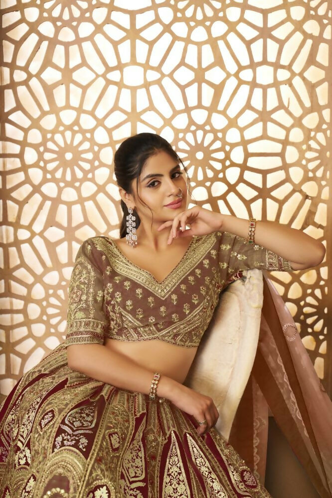 Kesar Fab Coffee Banarasi Silk Embroidered Lehenga | Grocsy