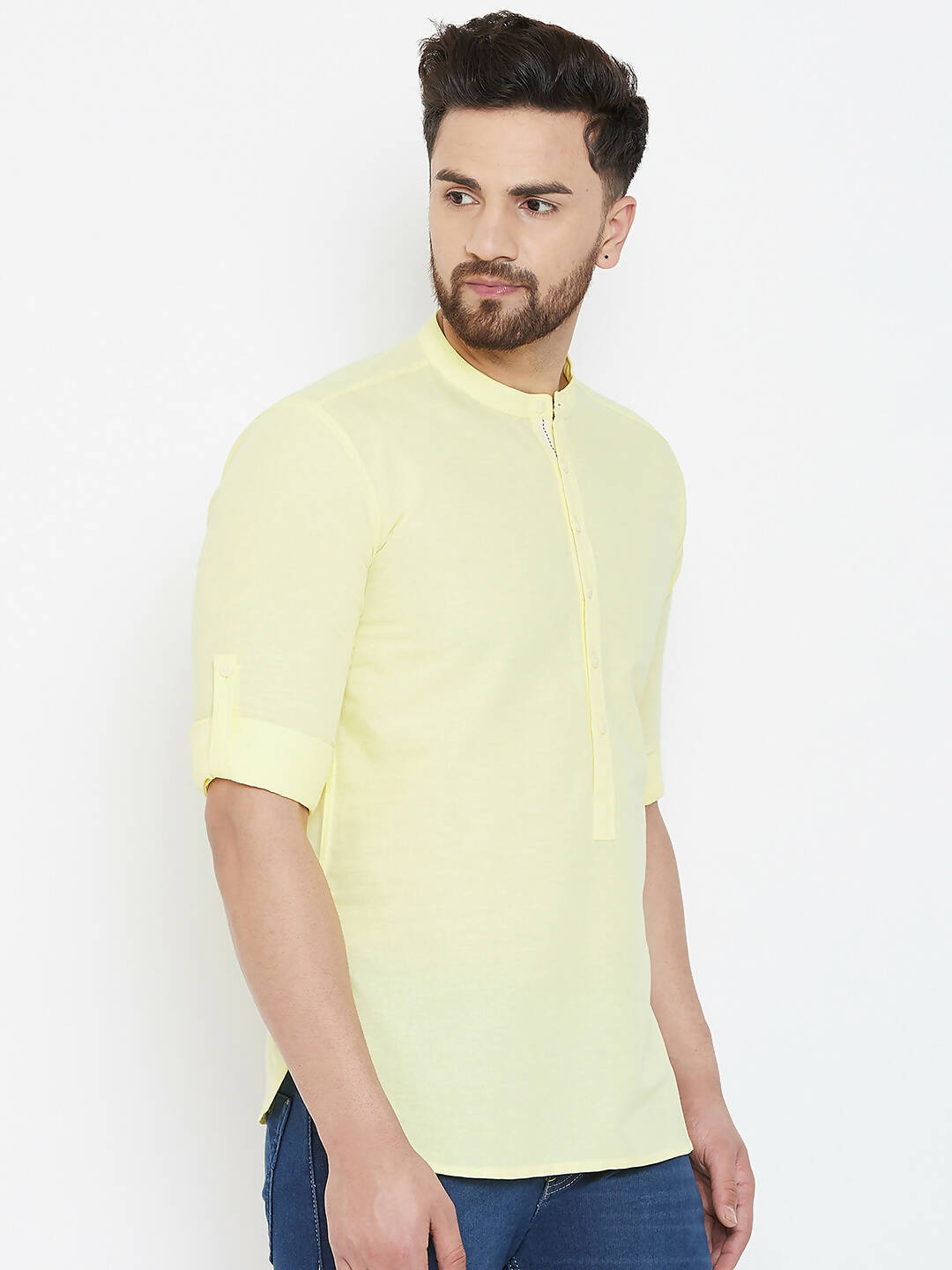 Even Apparels Yellow Color Band Collar Pure Cotton Men's Kurta | Grocsy