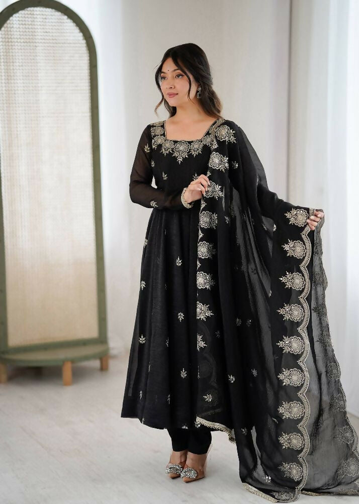 Teeya Creation Black Color Crunchy Silk Embroidery Work Wedding Wear Gown | Grocsy