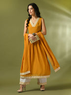 Myshka Women's Yellow Solid Georgette Anarkali Party Kurta Set With Dupatta | Grocsy