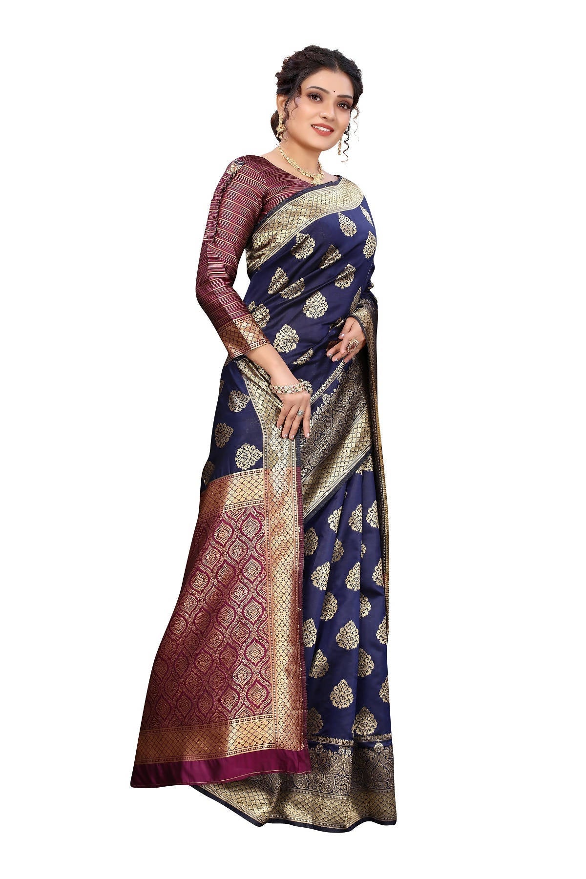 Vamika Ethnic Fire Navy Blue Weaving Banarasi Jacquard Saree | Grocsy