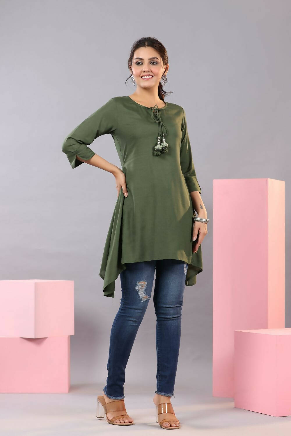 Juniper Women Olive Rayon Solid Asymmetric Kurta | Grocsy