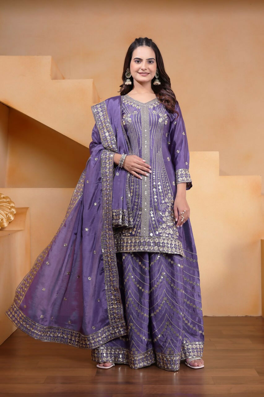 Teeya Creation Lavender Color Chinon Silk Wedding Wear Trending Palazzo Set | Grocsy