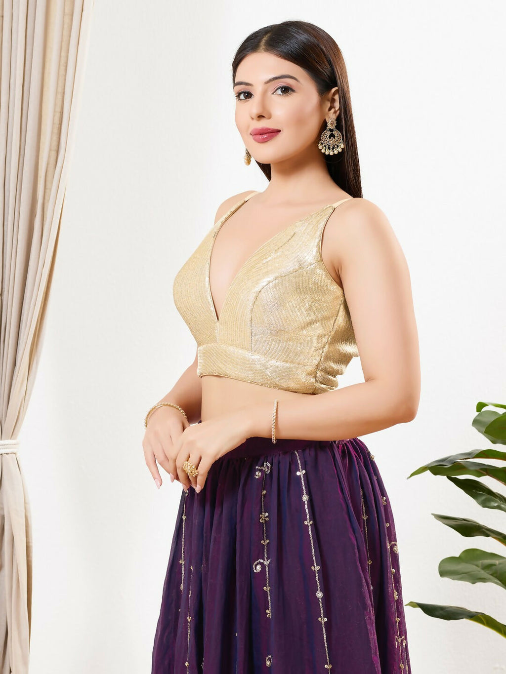 Joban Fashion Antique Gold Sequins Padded Blouse With V Neck Sleeveless | Grocsy