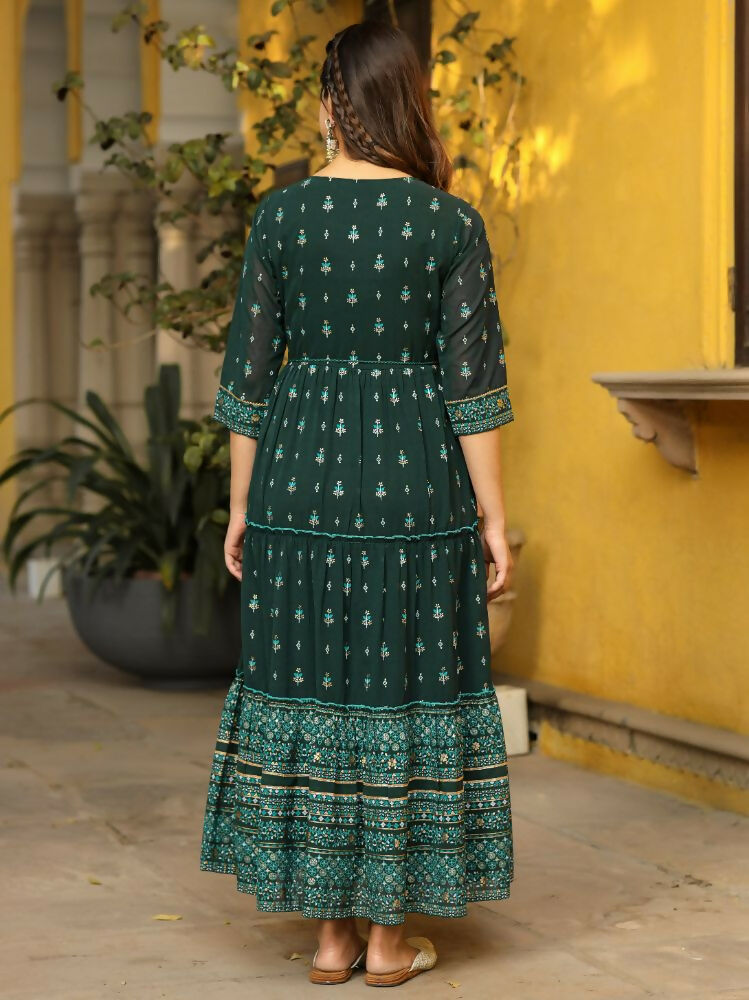Juniper Green Ethnic Motif Printed Georgette Maxi Dress & Dori With Thread Work | Grocsy