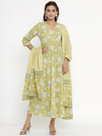 Miravan Women's Cotton Floral Print Anarkali Kurta With Dupatta | Grocsy