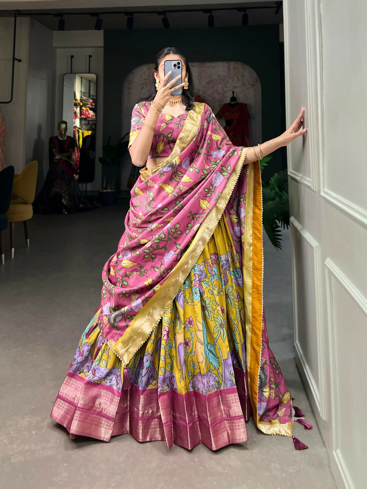 Vastranavya Kalamkari Printed Dola Silk Lehenga Choli - Mustard | Grocsy