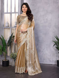 Vastranavya Beige Embroidery Work Shimmer Chiffon Saree with Unstitched Blouse | Grocsy