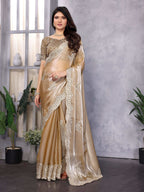 Vastranavya Beige Embroidery Work Shimmer Chiffon Saree with Unstitched Blouse | Grocsy