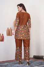 Teeya Creation Brown Floral Printed Short Kurta With Straight Pants Co-Ord Set | Grocsy