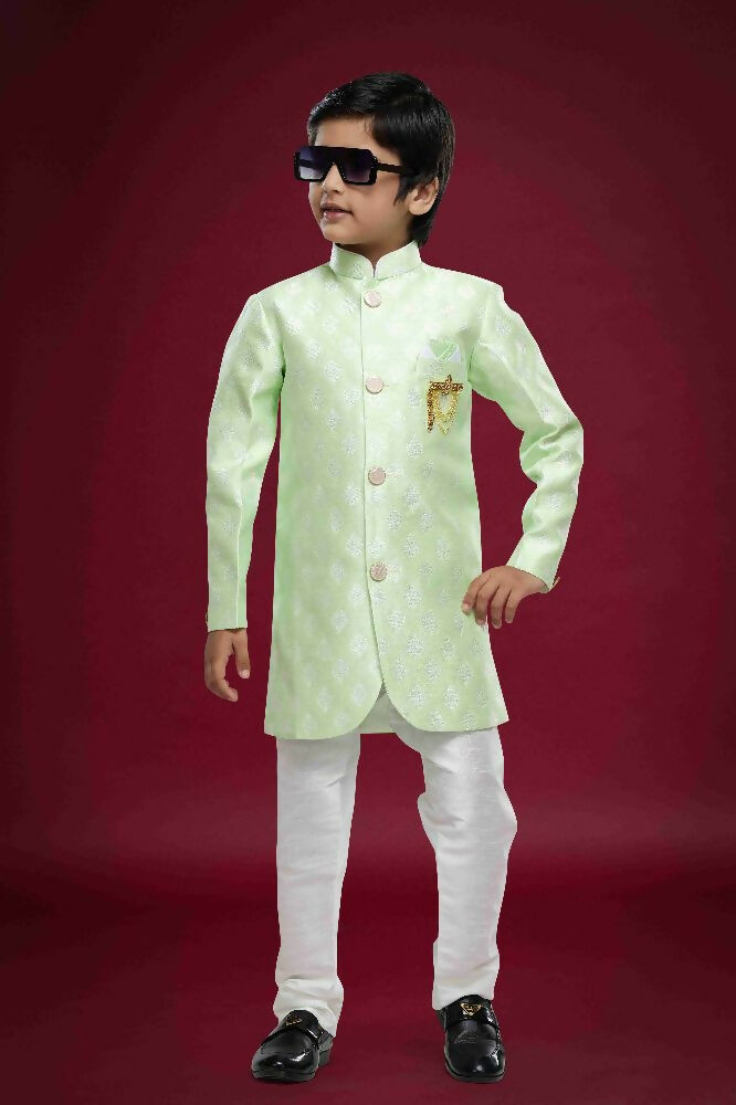 Raivat Ethnic Kids Banarasi Jacquard Woven Work Semi Indo Western Set Pista Green Colour | Grocsy