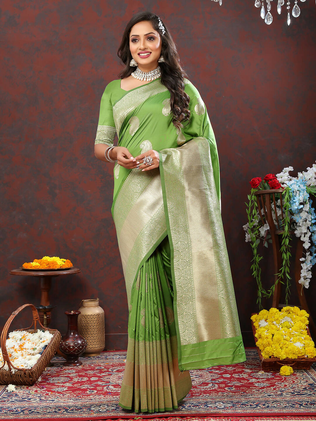 Lorenvalley Fashion Parotgreen Soft Silk Woven Design Gold Zari Weaving Saree | Grocsy