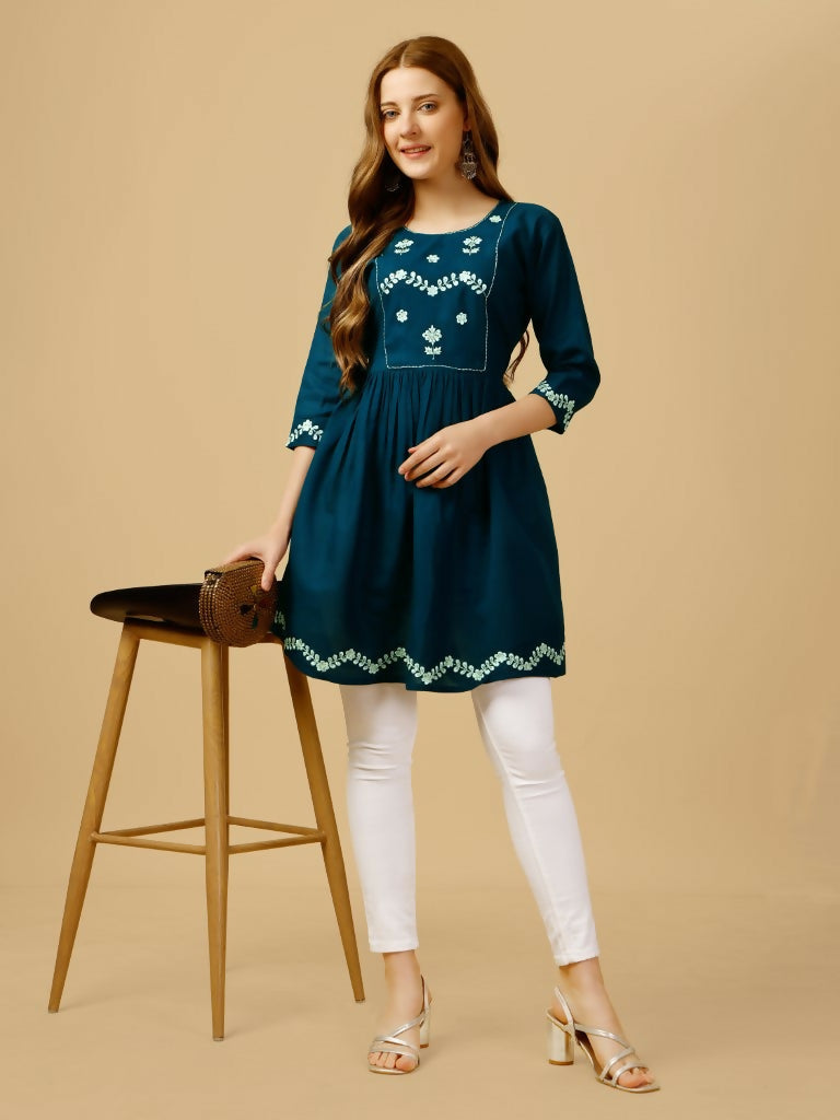 Jyoti Fashion Women's Blue Viscose Rayon Embroidered Casual Top | Grocsy
