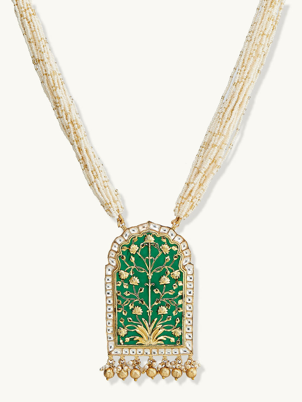 Nuyug 22K Gold-Plated Pearl Beaded Strings Green Enamel Pendant with Floral Motifs Necklace Set | Grocsy