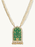 Nuyug 22K Gold-Plated Pearl Beaded Strings Green Enamel Pendant with Floral Motifs Necklace Set | Grocsy