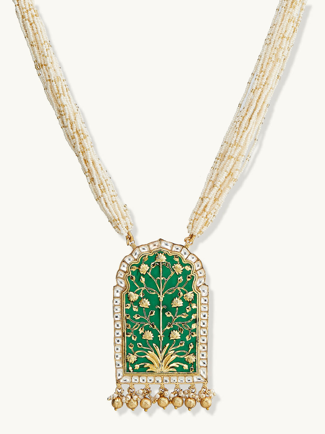 Nuyug 22K Gold-Plated Pearl Beaded Strings Green Enamel Pendant with Floral Motifs Necklace Set | Grocsy