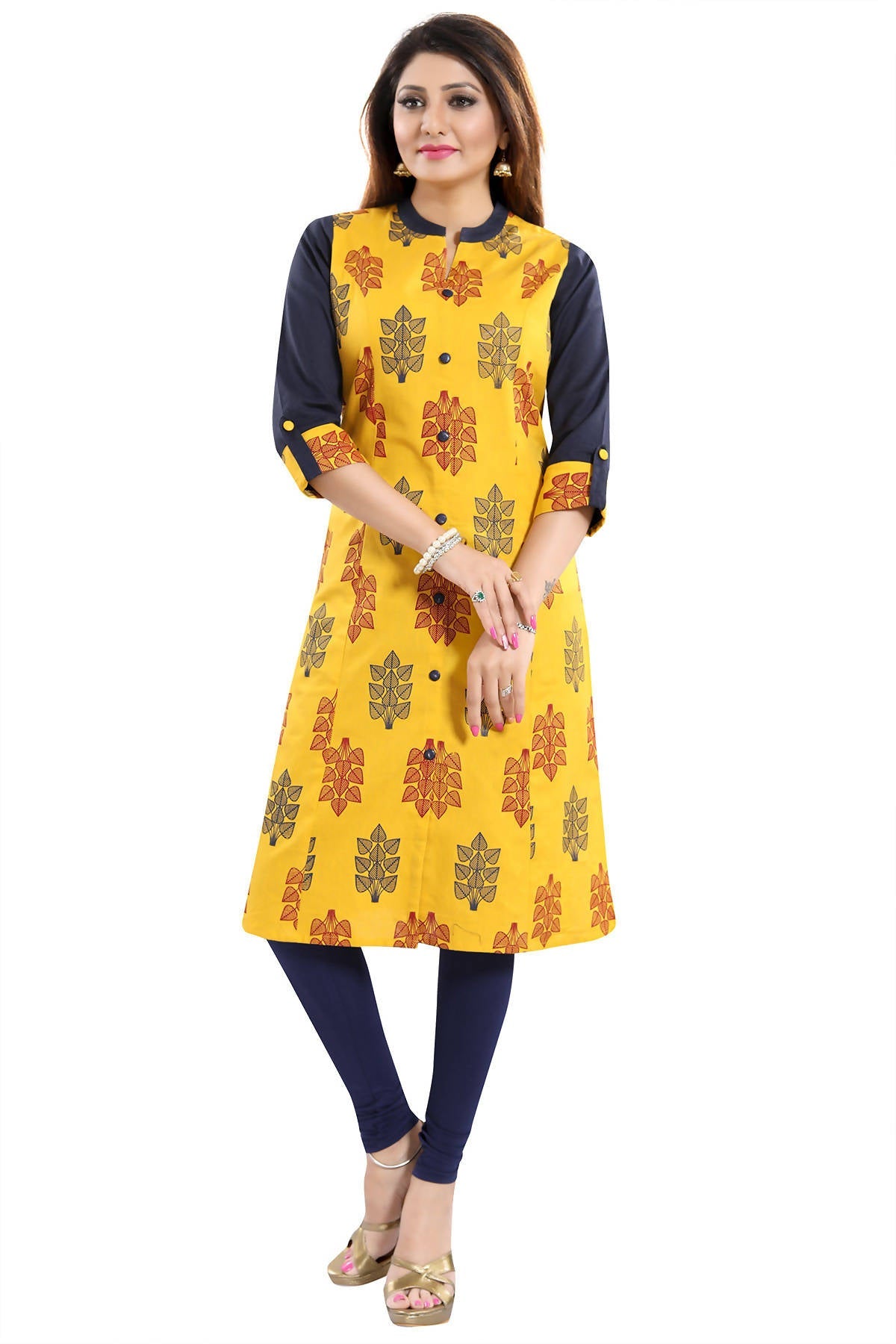 Snehal Creations Luscious Lemon Yellow Shirt Style Cotton Printed Tunic | Grocsy