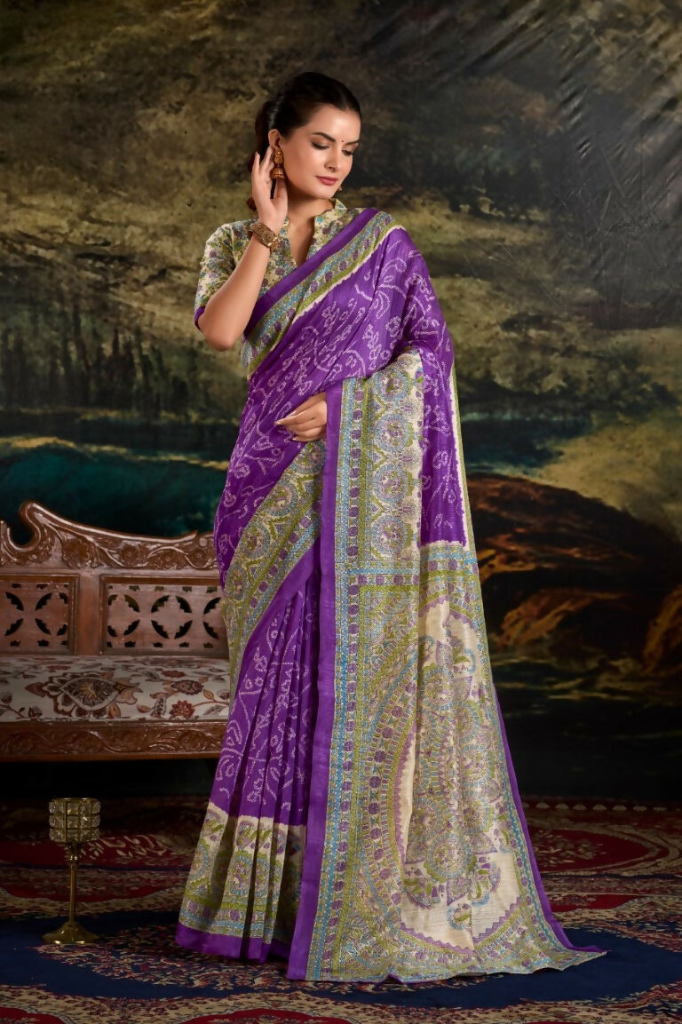 Vastranavya Purple Silk Madhubani & Bandhej Fusion Print Saree with Unstitched Blouse | Grocsy