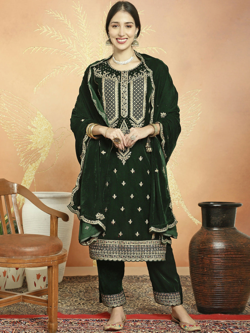 Jyoti Fashion Women's Green Velvet Cording with Resham Thread & Sequin Kurta with Trouser & Dupatta | Grocsy