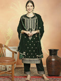 Jyoti Fashion Women's Green Velvet Cording with Resham Thread & Sequin Kurta with Trouser & Dupatta | Grocsy
