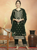Jyoti Fashion Women's Green Velvet Cording with Resham Thread & Sequin Kurta with Trouser & Dupatta | Grocsy