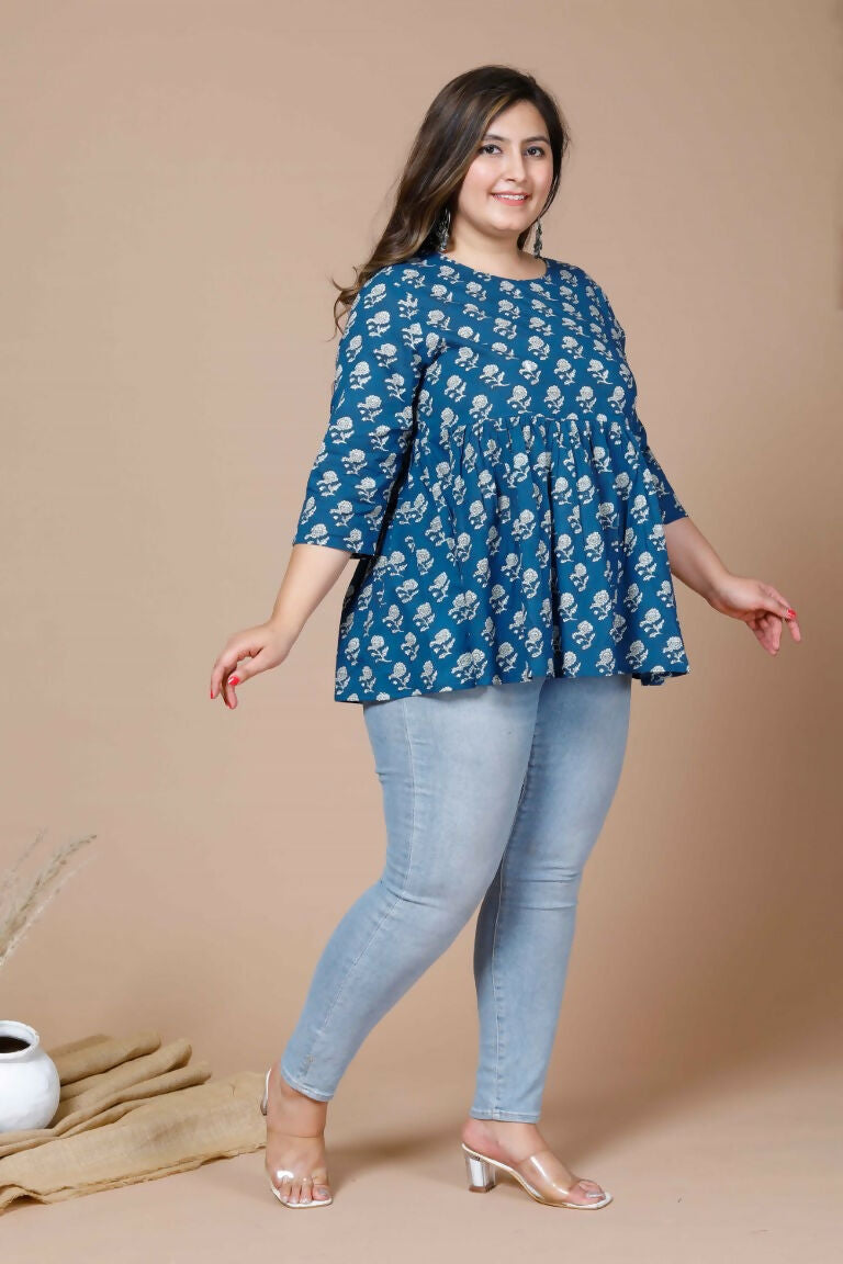 Miravan Women's Blue Plus Size Cotton Floral Printed Short Kurti | Grocsy