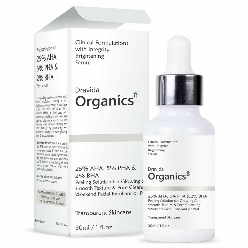 Dravida Organics AHA 25% + BHA 2% + PHA 5% Peeling Solution for Face | Grocsy