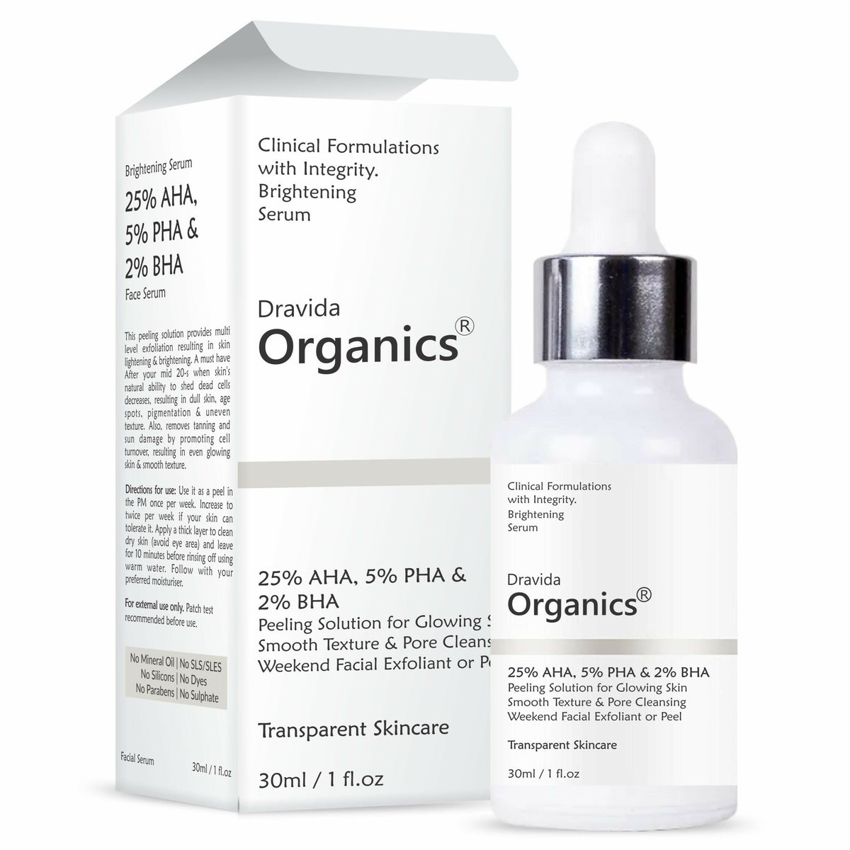 Dravida Organics AHA 25% + BHA 2% + PHA 5% Peeling Solution for Face | Grocsy