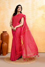 Piyari Fashion Women's Rani Pink Embellished Cotton Blend Zari Check Handloom Saree | Grocsy