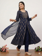 Teeya Creation Women's Navy Blue Fully Stitched Ethnic Kurta With Pant And Dupatta | Grocsy