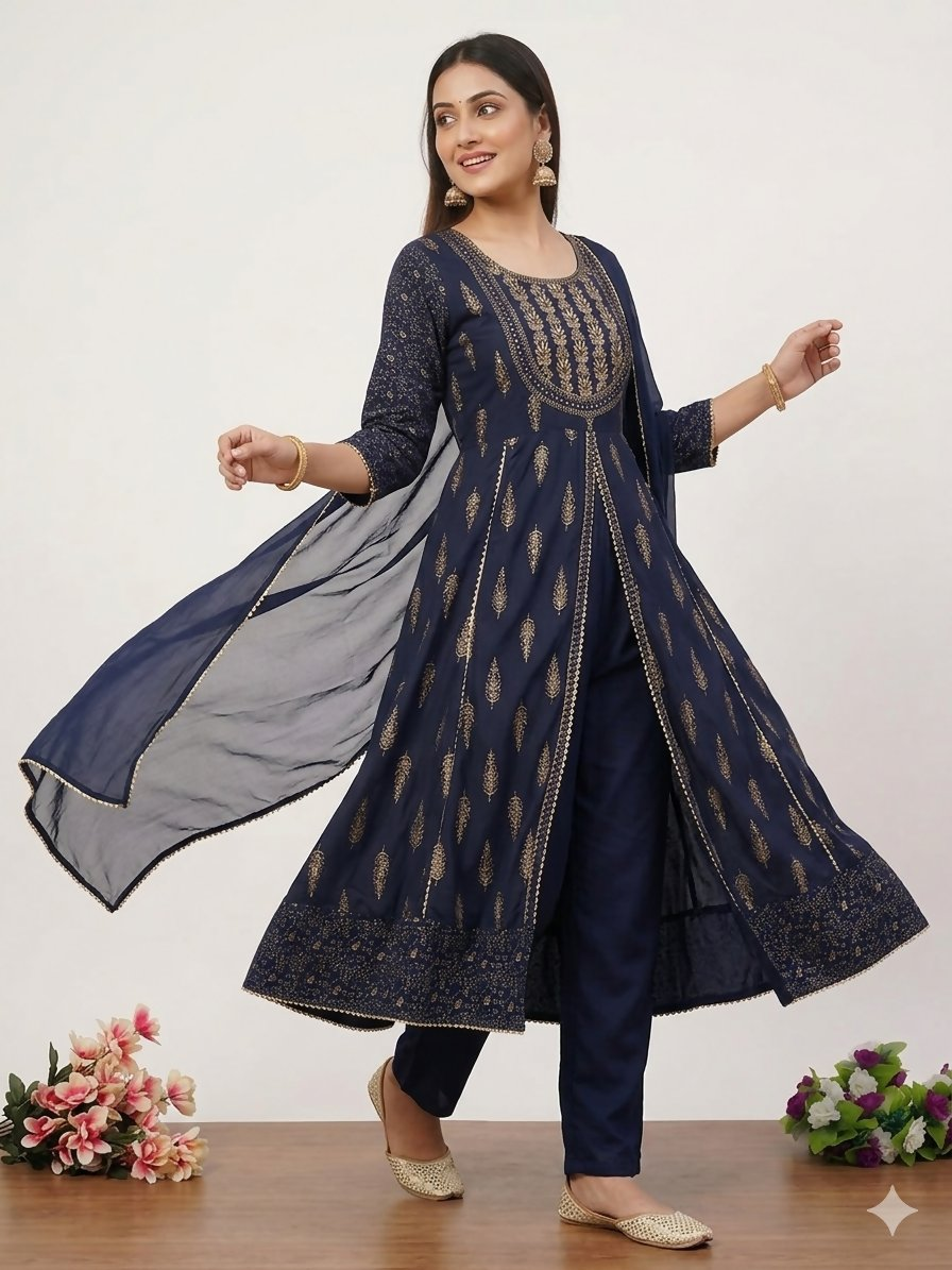 Teeya Creation Women's Navy Blue Fully Stitched Ethnic Kurta With Pant And Dupatta | Grocsy