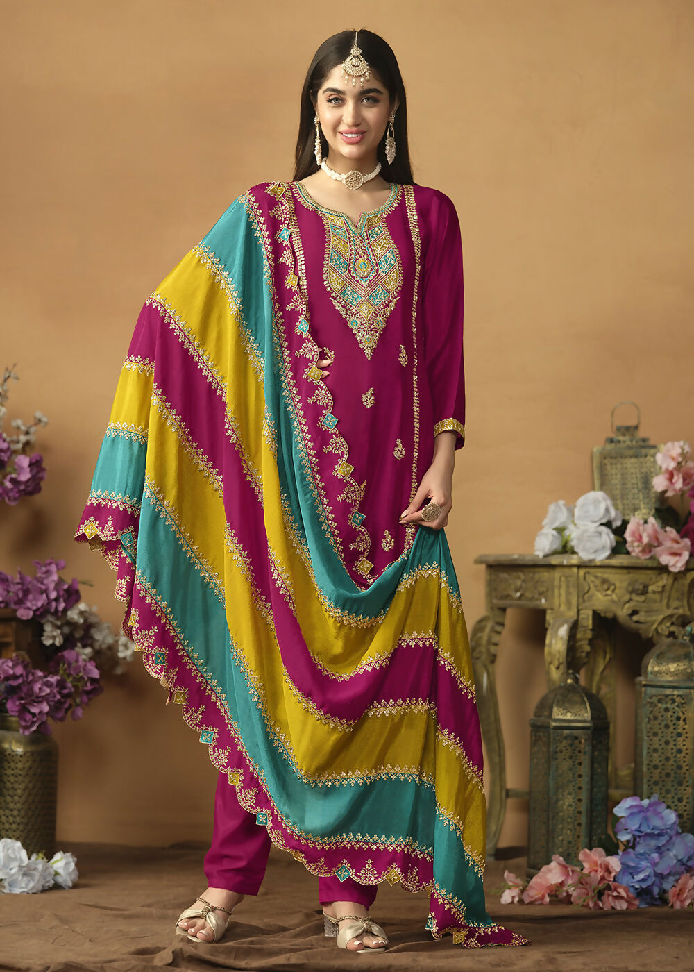Chinnon Silk Pink Salwar Suit with Multicolor Dupatta - Emponline | Grocsy