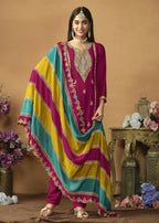 Chinnon Silk Pink Salwar Suit with Multicolor Dupatta - Emponline | Grocsy