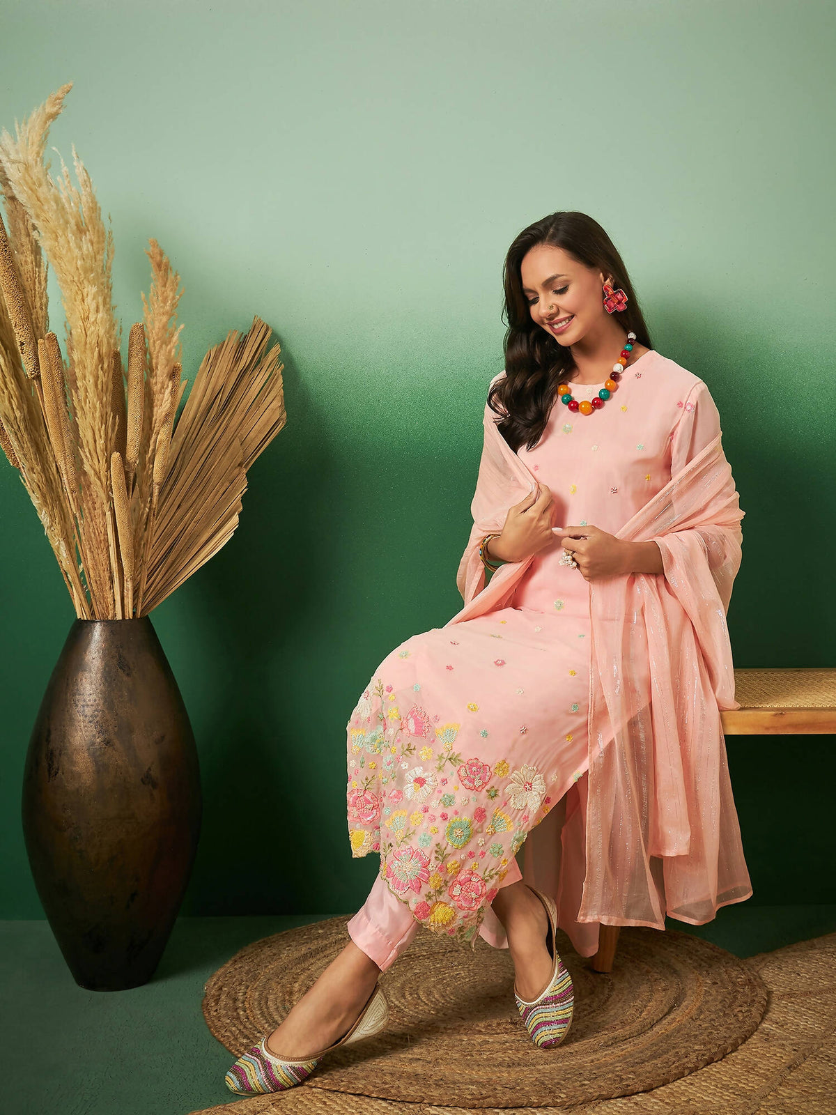 Peach Georgette Handwork Unstitched Dress Material - Hanika | Grocsy