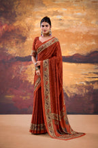 Vastranavya Orange Crepe Printed Saree with Unstitched Blouse | Grocsy